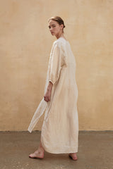 Linen Shirt Dress with Side Slits, Waist Ties, and Relaxed Three-Quarter Sleeves