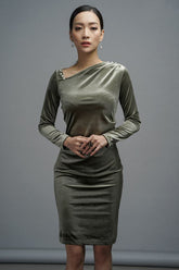 Velvet bodycon dress with asymmetric neckline and pearl shoulder embellishment
