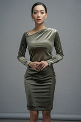 Velvet bodycon dress with asymmetric neckline and pearl shoulder embellishment