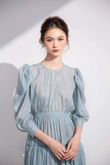 Tiered long-sleeve midi dress in sheer organza with gathered waist and puffed shoulder detail
