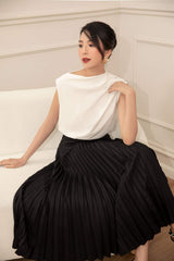 Sleeveless pleated silk top with asymmetric draped neckline and button shoulder detail