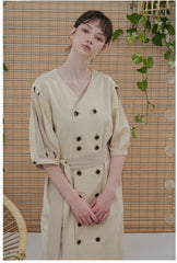 Linen Midi Dress with Double-Breasted Buttons and Slit Sleeves