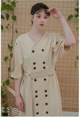Linen Midi Dress with Double-Breasted Buttons and Slit Sleeves