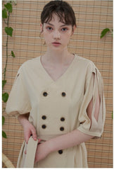 Linen Midi Dress with Double-Breasted Buttons and Slit Sleeves