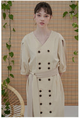 Linen Midi Dress with Double-Breasted Buttons and Slit Sleeves