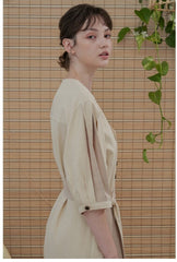 Linen Midi Dress with Double-Breasted Buttons and Slit Sleeves