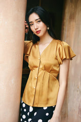 Silk Blouse with Flutter Sleeves and Button Detail – Elegant V-Neck Women’s Top