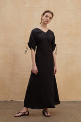 Robe longue décontractée à col en V en lin avec manches à cordon de serrage