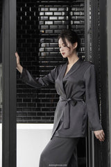 Silk Wrap Top with Belted Waist and Shawl Collar Design