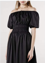 Silk off-shoulder midi dress with ruched bodice and puff sleeves for a feminine silhouette