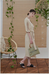 Linen Midi Dress with Double-Breasted Buttons and Slit Sleeves