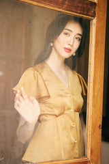 Silk Blouse with Flutter Sleeves and Button Detail – Elegant V-Neck Women’s Top