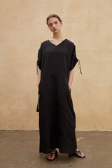 Robe longue décontractée à col en V en lin avec manches à cordon de serrage