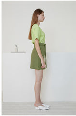 High-Waisted Belted Linen Mini Skirt with Seam Detailing