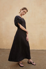 Robe longue décontractée à col en V en lin avec manches à cordon de serrage