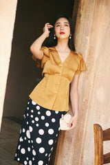 Silk Blouse with Flutter Sleeves and Button Detail – Elegant V-Neck Women’s Top