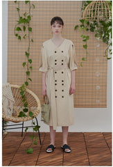 Linen Midi Dress with Double-Breasted Buttons and Slit Sleeves