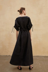 Robe longue décontractée à col en V en lin avec manches à cordon de serrage