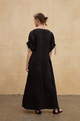 Robe longue décontractée à col en V en lin avec manches à cordon de serrage