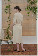 Linen Midi Dress with Double-Breasted Buttons and Slit Sleeves