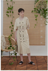 Linen Midi Dress with Double-Breasted Buttons and Slit Sleeves