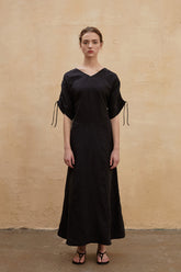 Relaxed V-Neck Maxi Dress in Linen Fabric with Drawstring Sleeves