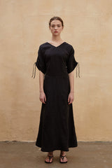 Robe longue décontractée à col en V en lin avec manches à cordon de serrage