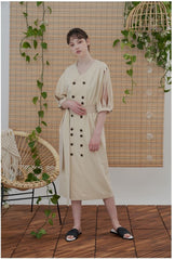 Linen Midi Dress with Double-Breasted Buttons and Slit Sleeves