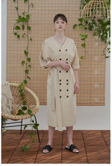 Linen Midi Dress with Double-Breasted Buttons and Slit Sleeves