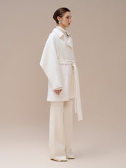 Short Belted Trench Coat With Sculptural Cape Back And Modern Collar