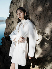 Short Belted Trench Coat With Sculptural Cape Back And Modern Collar