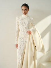 Floral Lace Embroidered Midi Dress With Long Sleeves and High Neckline