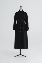 Wool wrap-style long coat with wide lapels, waist belt, and full button front closure