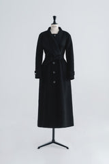 Wool wrap-style long coat with wide lapels, waist belt, and full button front closure