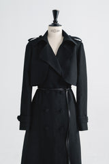 Double-Breasted Wool Blend Trench Coat with Epaulettes and Detachable Belted Waist