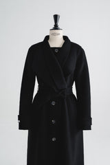 Wool wrap-style long coat with wide lapels, waist belt, and full button front closure