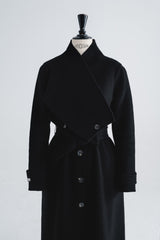 Wool wrap-style long coat with wide lapels, waist belt, and full button front closure