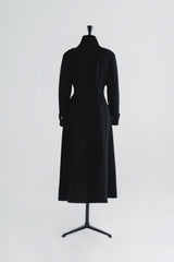Wool wrap-style long coat with wide lapels, waist belt, and full button front closure