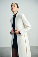 Textured wool long coat with tailored silhouette and open front design