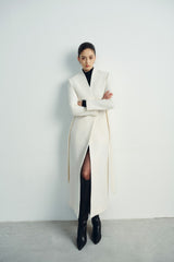 Textured wool long coat with tailored silhouette and open front design