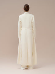 Wool long coat with open front design and back belt for elegant structured layering