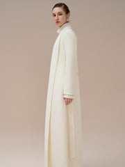 Wool long coat with open front design and back belt for elegant structured layering