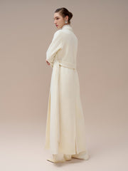 Wool long coat with open front design and back belt for elegant structured layering