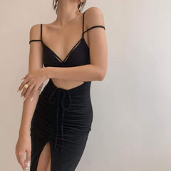 Silk halterneck cut-out midi dress with gathered front slit and strappy open back