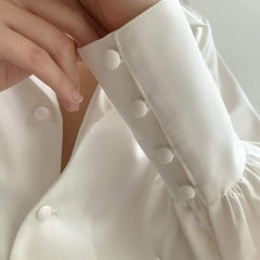 Long-Sleeve Silk Blouse with Notched Collar and Button Front Closure for Elegant Outfits