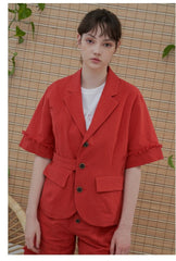 Tailored Linen Blazer with Frayed Cuff Detail and Belted Waist