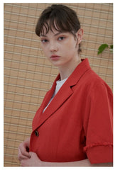 Tailored Linen Blazer with Frayed Cuff Detail and Belted Waist