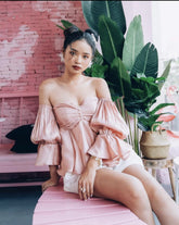 Off-Shoulder Silk Blouse with Draped Bodice and Voluminous Puff Sleeves