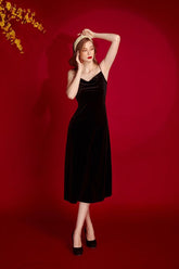 Velvet midi dress with cowl neckline and slim straps for elegant evening and cocktail wear