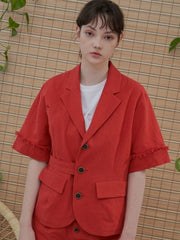 Tailored Linen Blazer with Frayed Cuff Detail and Belted Waist